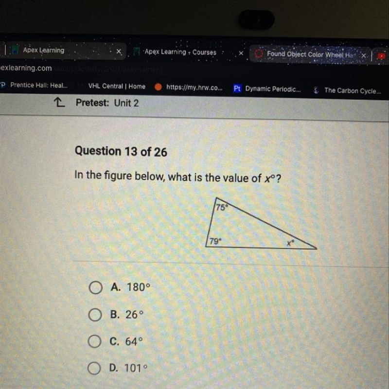 In the figure below, what is the value of xº? 75° 79° O A. 180° B. 26° O C. 64° O-example-1