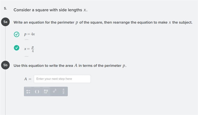 5b.) Use this equation to write the area A in terms of the perimeter p.-example-1