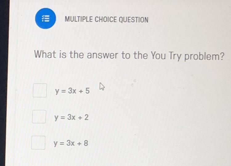 Write an equation in slope intercept form that is parallel to y = 3x + 4 and goes-example-1