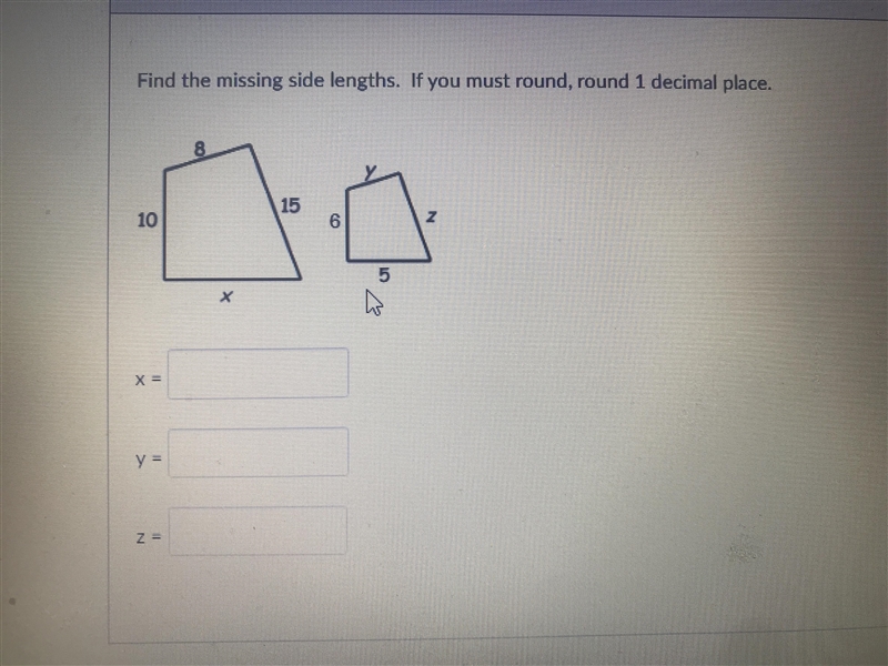 Please help! Find the missing side lengths. If you must round 1 decimal place.-example-1