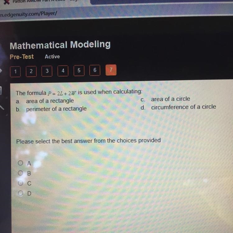 The formula = 21+ 2m is used when calculating: a area of a rectangle C area of a circle-example-1