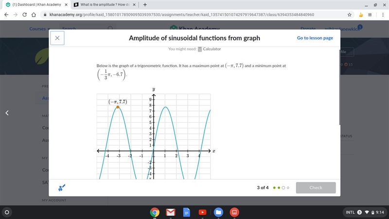 What is the amplitude ? How do I find it? do I add 7.7 to (-6.7) then divide? Thank-example-1