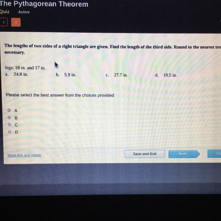 The lengths of two sides of a right triangle are given. Find the length of the third-example-1