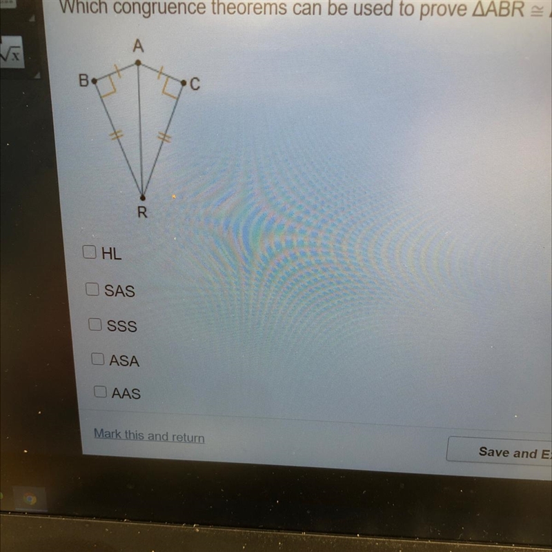 Help ASAP please!! Which congruence theorems can be used to prove ABR is congruent-example-1