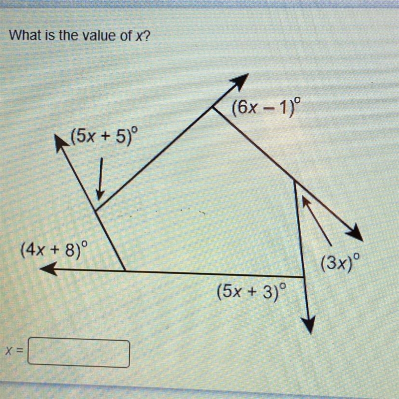 What is the value of x? (6x – 1)º (5x + 5)º (4x + 8)º (3x)º (5x + 3)º X =-example-1