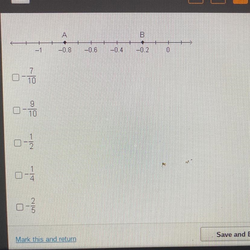 Which numbers are between the numbers represented by Points A and B on the number-example-1