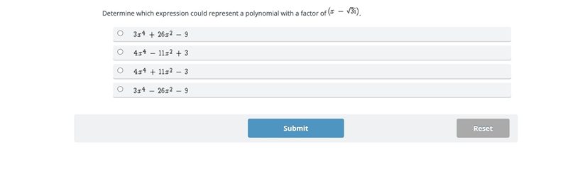 Determine which expression could represent a polynomial with a factor of (x - √3i-example-1