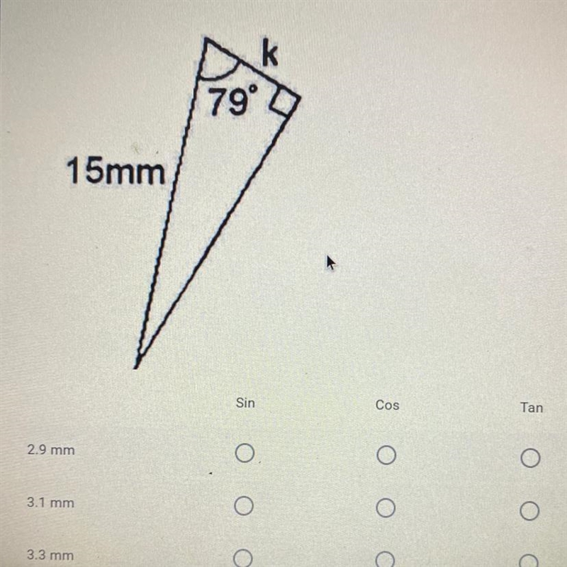 Chose the missing side length and the trigonometric ratio you would use to calculate-example-1