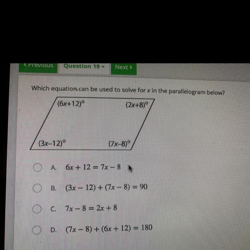 Which equation can be used to solve for x in the parallelogram below-example-1