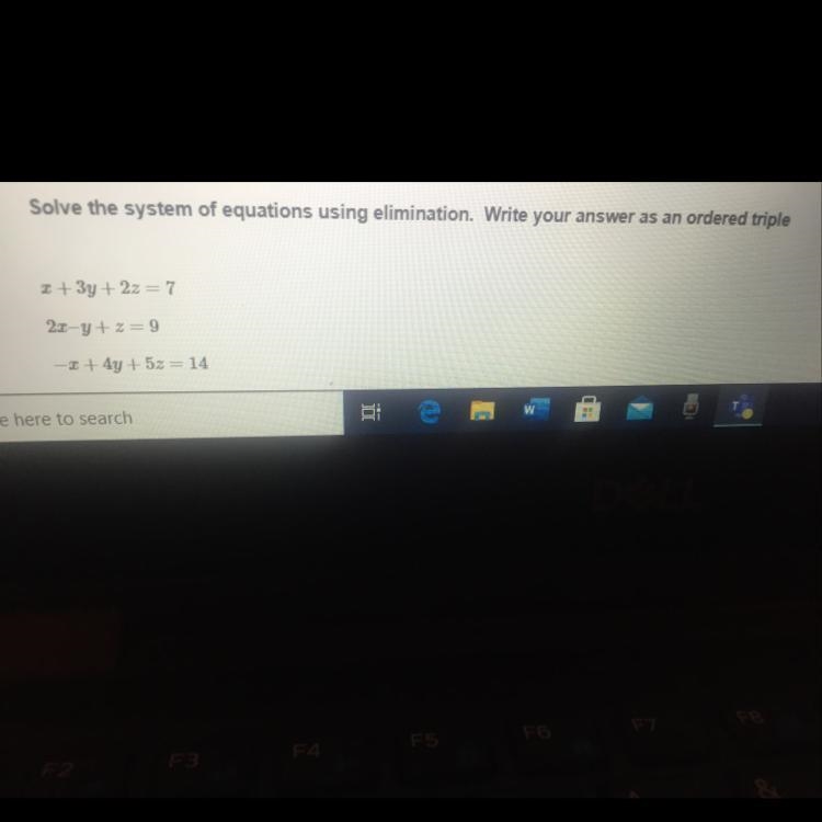 X + 3y + 2z = 7 2x- y+z=9 -z+ 4y + 5z = 14 The answers are 2,-1,4 but I need help-example-1