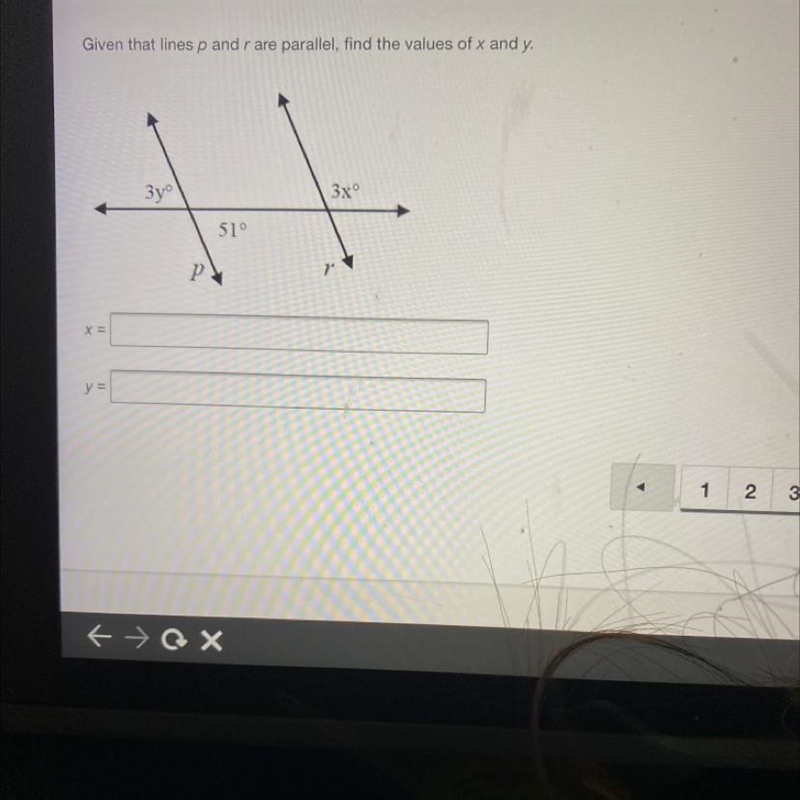 Given that lines P & R are parallel, find the values of x and y.-example-1