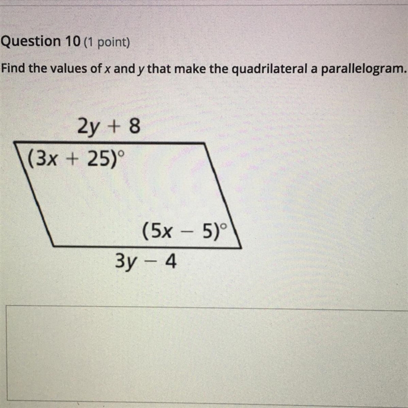 Find the values of x and y that make the quadrilateral a parallelogram.-example-1