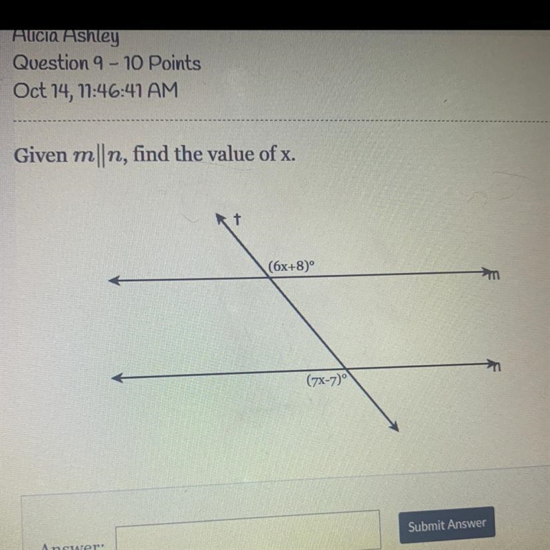 Find the value of x. (6x+8) (7x-7)-example-1