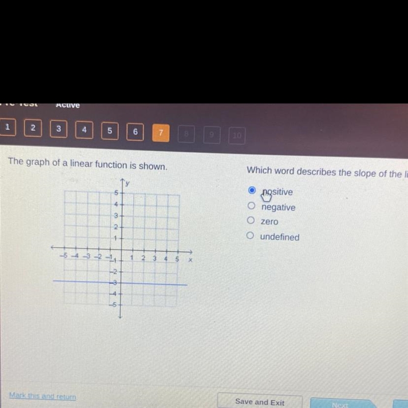 Which word describes the slope of the line? o positive O negative O zero undefined-example-1