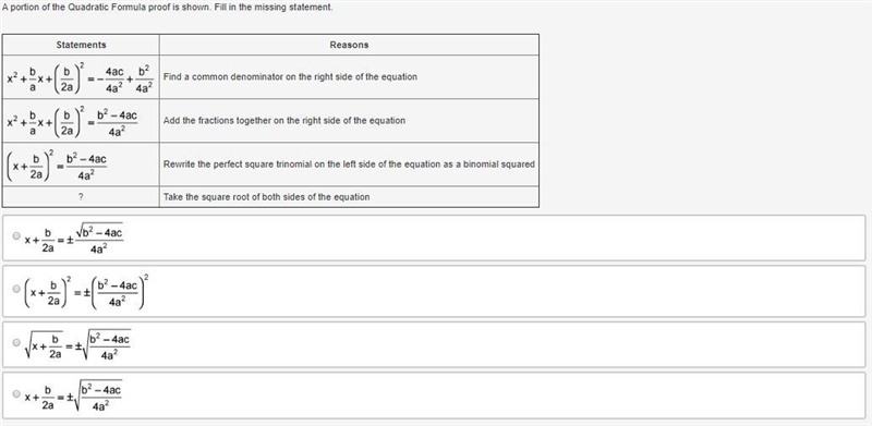 45 POINTS! NEED HELP QUESTION IS A IMAGE. A portion of the Quadratic Formula proof-example-1