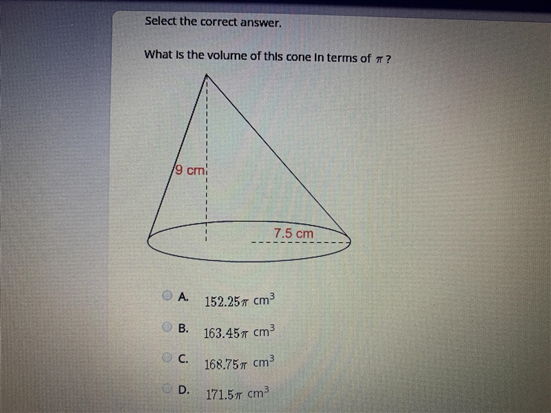 What is the volume of this cone in terms of pie?-example-1