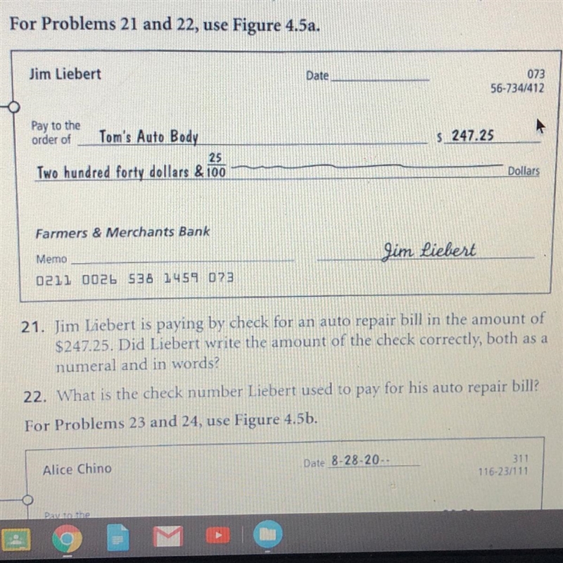 For Problems 21 and 22, use Figure 4.5a. Jim Liebert Date 073 56-734/412 Pay to the-example-1