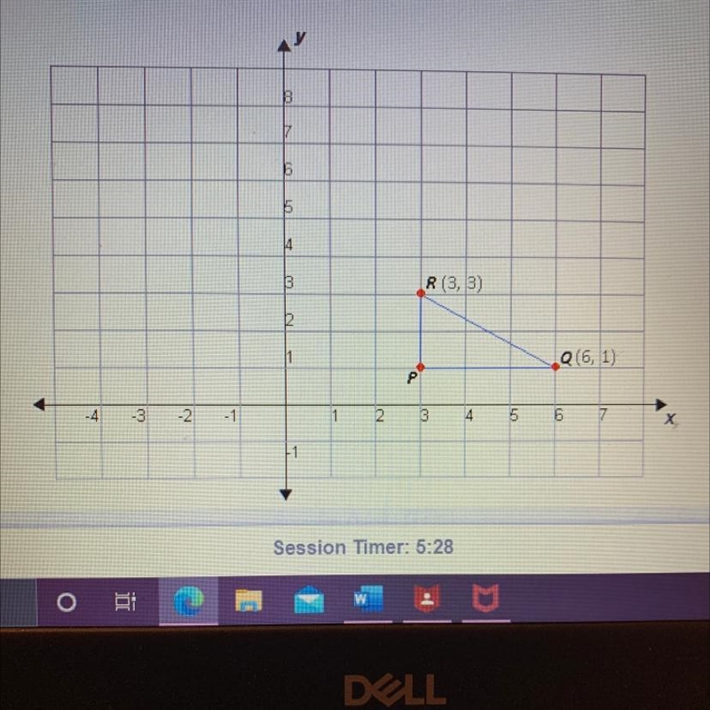 Right triangle PQR is shown on the graph below. If the point (x, 7) lies on the line-example-1