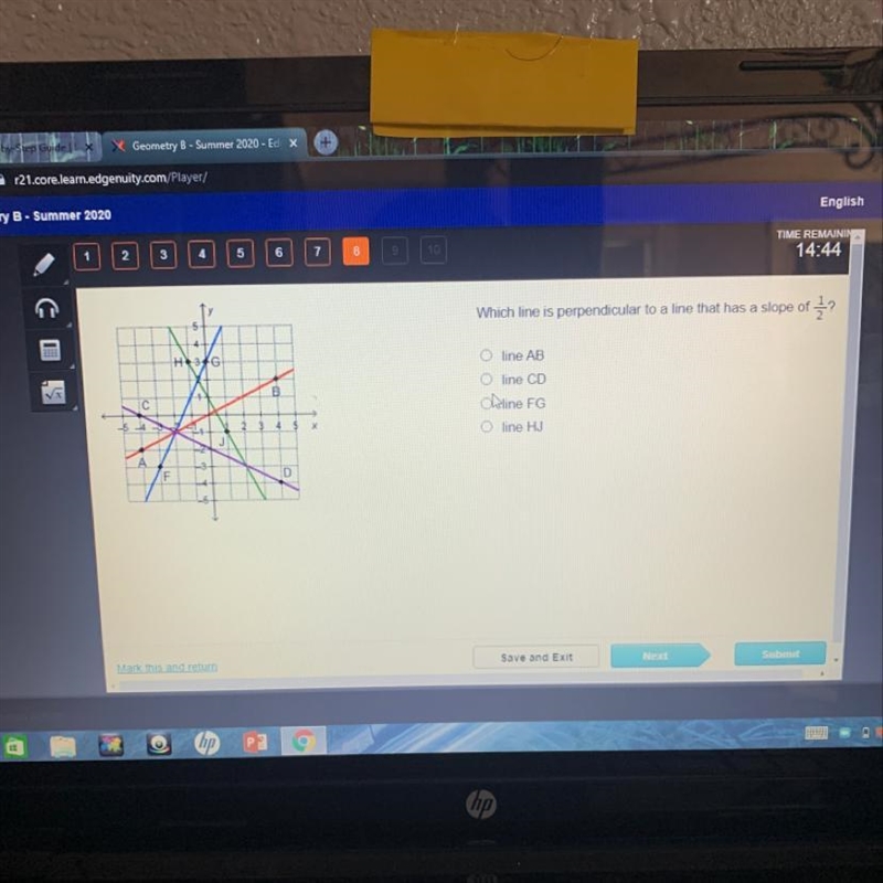 Which line is perpendicular to a line that has a slope of 1/2?-example-1