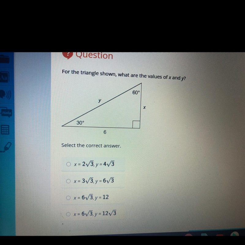 For the triangle show, what are the values of x and y (urgent help needed)-example-1