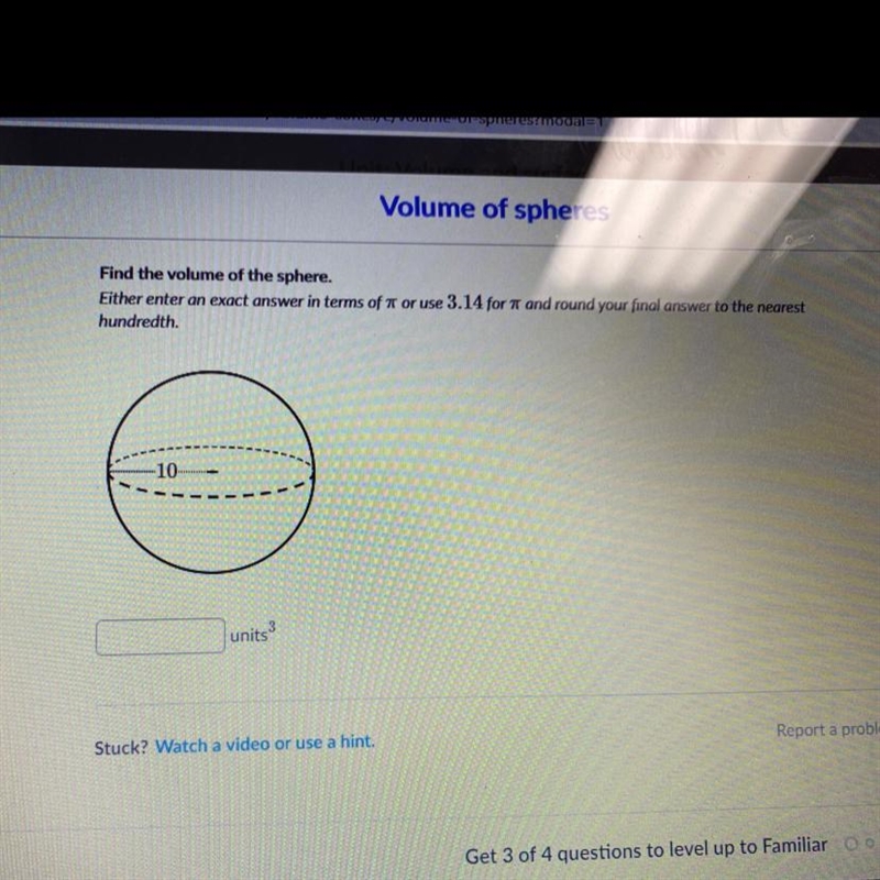 Find the volume of the sphere. Sorry the pic isn’t the best! I tried lol!-example-1