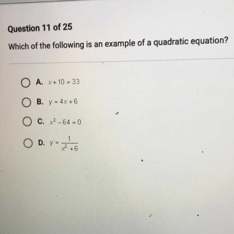 Which of the following is an example of a quadratic equation?-example-1