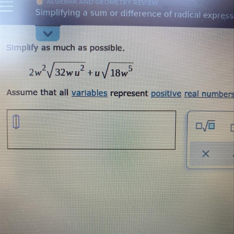 Simplify as much as possible. 2w?V32wu? + u V 18w5 ?-example-1