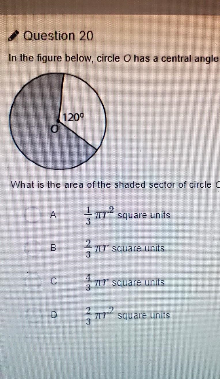 In the figure below, circle O has a central ángel of 120 degrees. what is the area-example-1