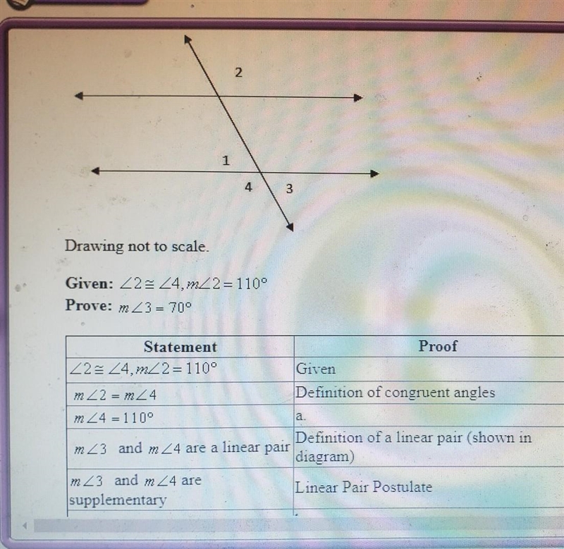 Complete the two column proof Given: 22= 24,m_2 = 110° Prove: m 23 = 70° Statement-example-1