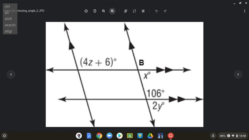 What is the value of the variable z and the measure of Angle B?-example-1