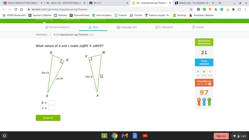 Please help! What values of b and c make △QRS≅△WVX?-example-1