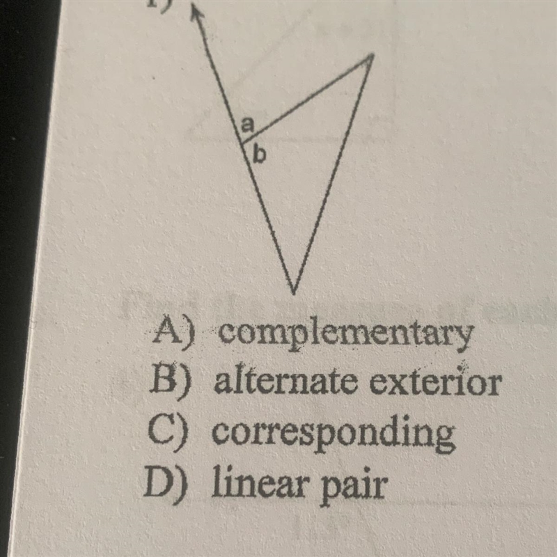 A) complementary B) alternate exterior C) corresponding D) linear pair-example-1