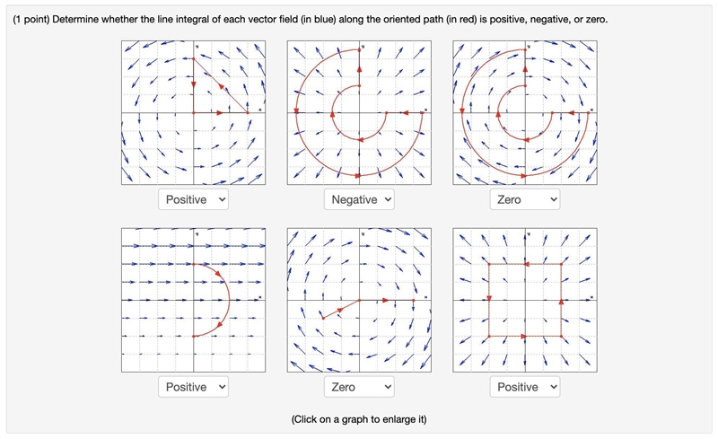 Determine whether each red path in the vector field is positive, negative, or zero-example-1