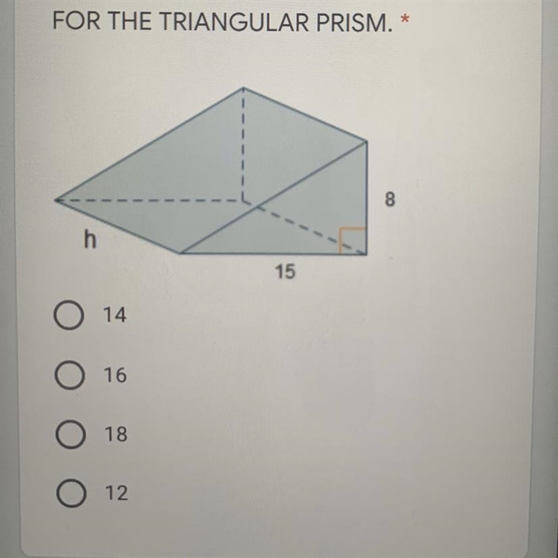 Q2 Solve for the height (h) of this triangular prism if the volume is 1080. The volume-example-1