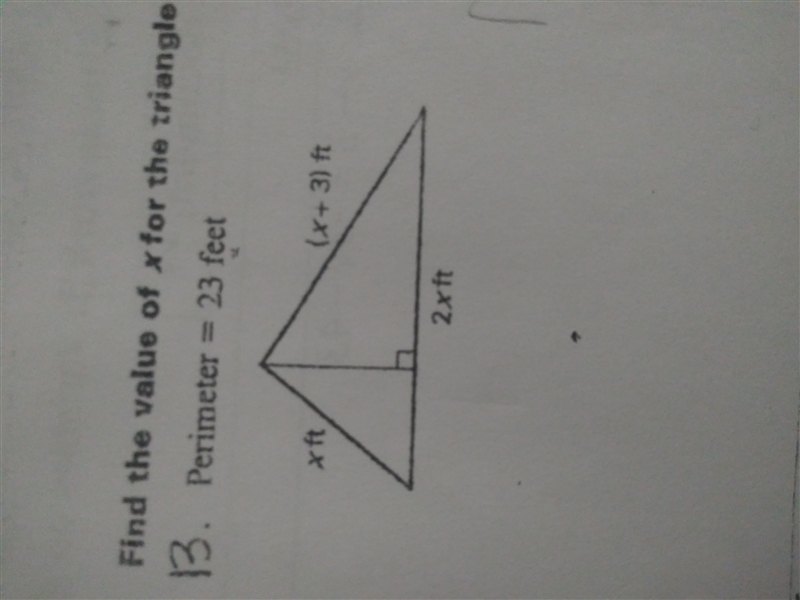 Find the value of X for the triangle (Show all work, triangle and equations in picture-example-1