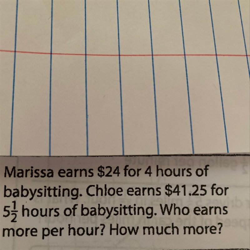 marissa earns $24 for 4 hours of babysitting. Chloe earns $41.25 for 5 1/2 hours. Who-example-1