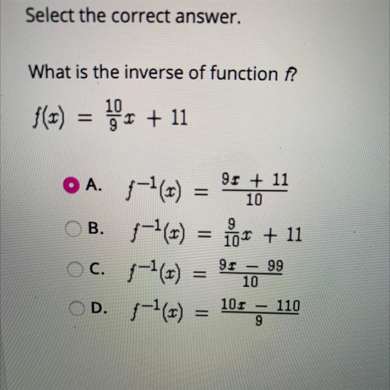 What is the inverse function of f? F(x)=10/9x+11-example-1