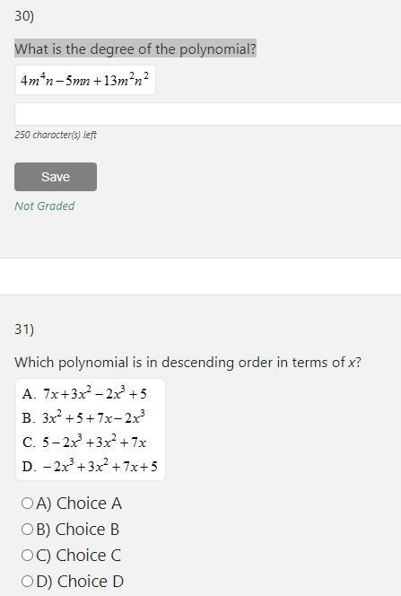 30. What is the degree of the polynomial? 31. Which polynomial is in descending order-example-1