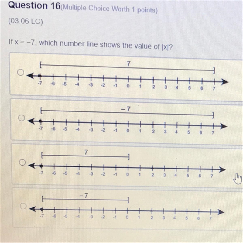 If x = -7, which number line shows the value of |x|? I NEED ANSWER ASAP YOU WILL GET-example-1