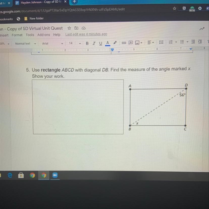 Use rectangle ABCD SITH DIAGONAL DB FIND THE MEASURE OF THE ANGLE MARKED X-example-1