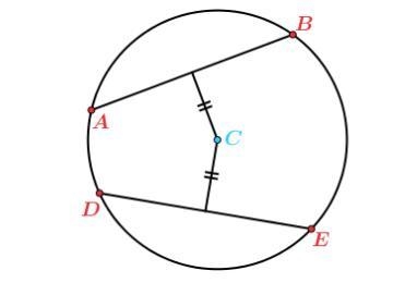 Study the diagram of circle C, where two chords, AB and DE, are equidistant from the-example-1