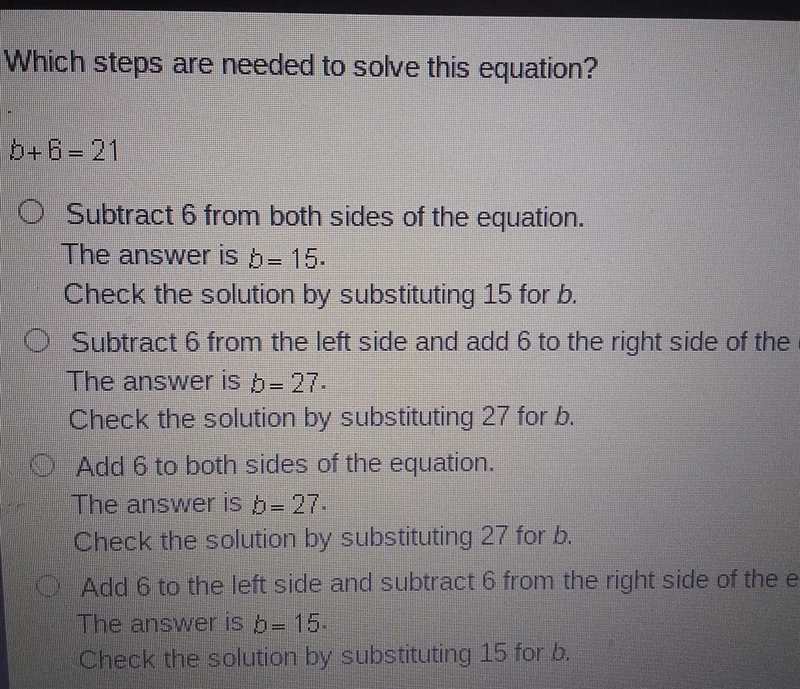 Which steps are needed to solve this equation? b+6= 21​-example-1