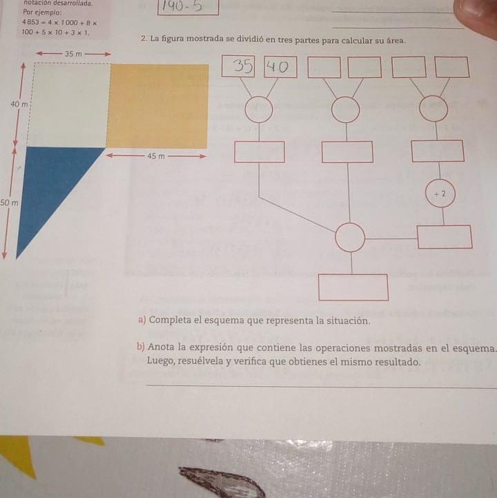 La figura mostrada se dividió en tres partes iguales para calcular su área. Completa-example-1