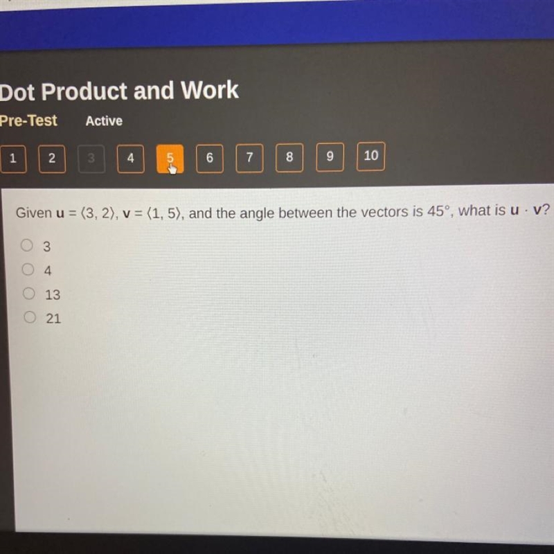 Given u = (3, 2), v = (1,5), and the angle between the vectors is 45°, what is u · V-example-1