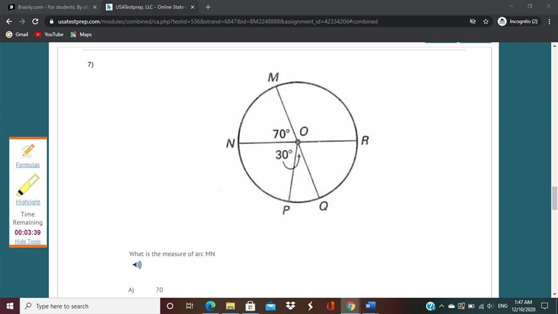 What is the measure of arc MN A.70 B.140 C.30 D.120-example-1