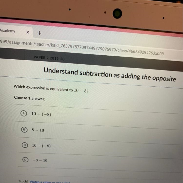 Please help!! Which expression is equivalent to 10 - 8? Choose 1 answer:-example-1