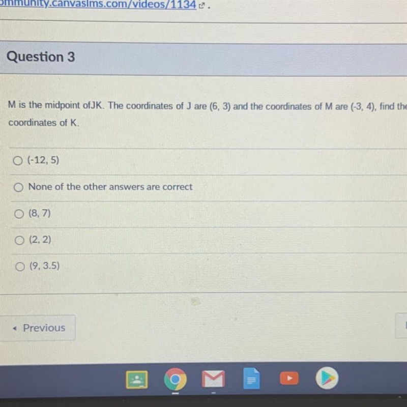 SOMEONE ANSWER ASAP PLEASE ! M is the midpoint ofJK. The coordinates of J are (6, 3) and-example-1