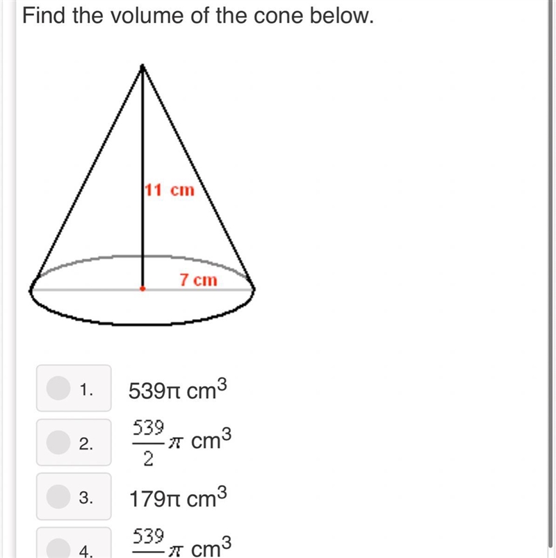 Find the volume of the cone below.-example-1