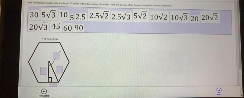 Use the rectangle hexagon with side length 10 meters to fill in the missing information-example-1