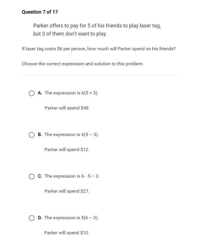 Parker offers to pay for 5 of his friends to play laser tag, but 3 of them don’t want-example-1